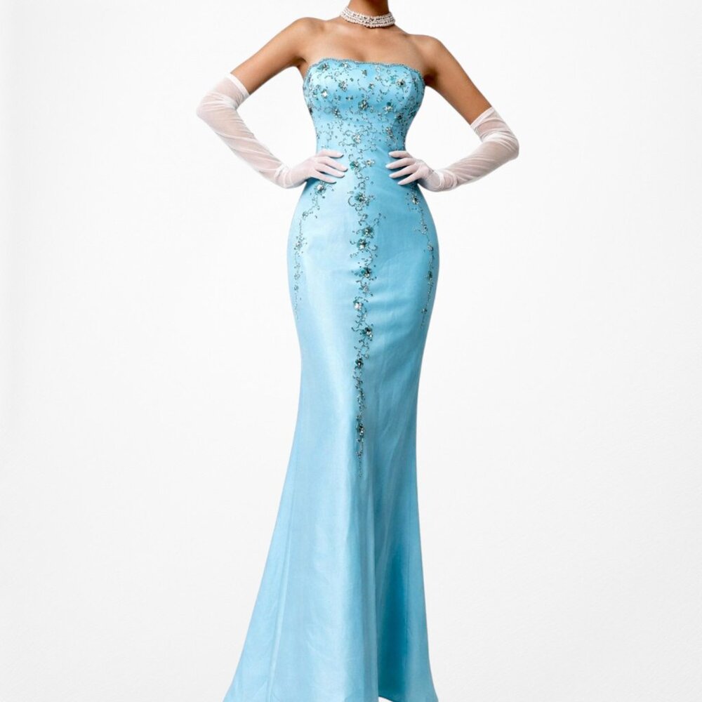Vintage Y2K Pastel Blue Strapless Floral Beaded Satin Maxi Prom Dress Size S